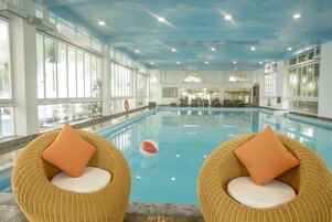 Indoor pool, outdoor pool, pool umbrellas, sun loungers