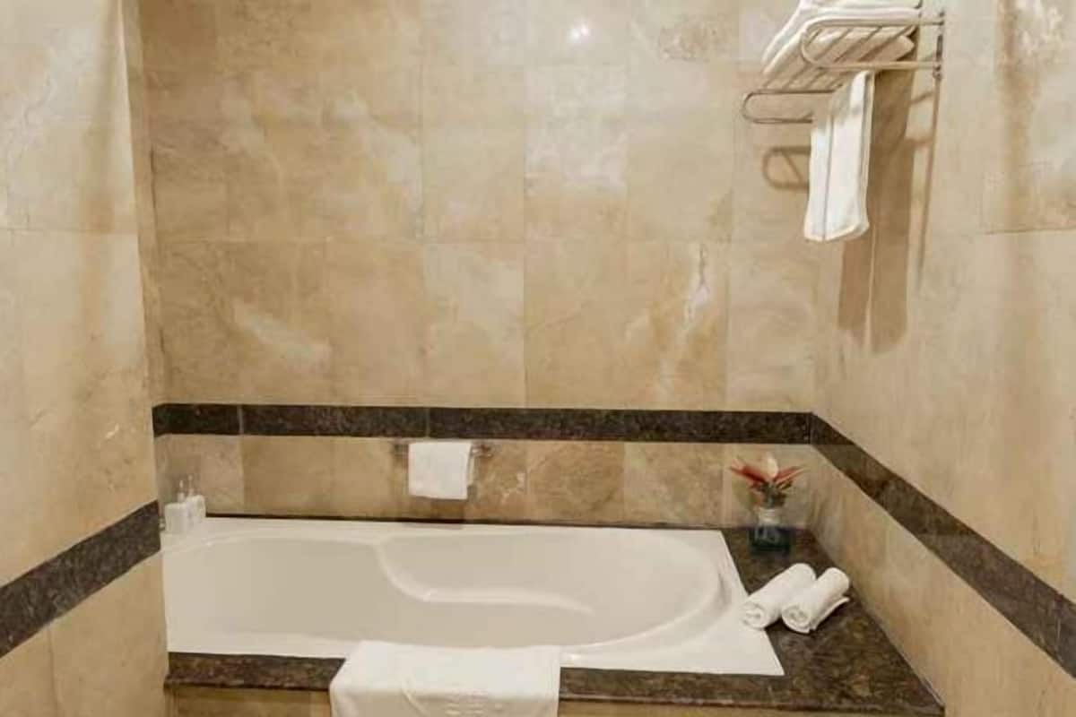 Separate bathtub and shower, deep-soaking bathtub, rainfall showerhead