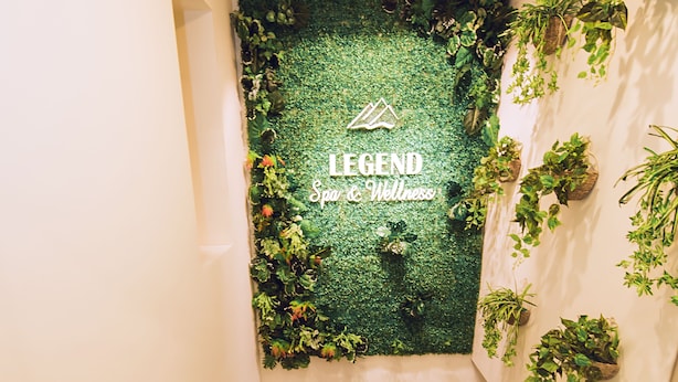 A staircase with a green wall and plants, leading to a room with a sign reading "Legend Spa & Wellness".