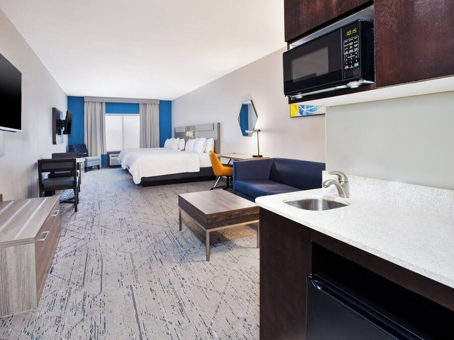 Habitación de hotel con cama, escritorio, silla, sofá, televisor, microondas y lavabo.