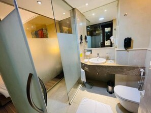 A modern bathroom with a glass shower enclosure, a sink, a toilet, and a mirror.
