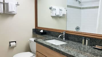 Une salle de bain avec un lavabo, un miroir et des toilettes. Des serviettes sont suspendues sur un porte-serviettes et une boîte de mouchoirs est posée sur le comptoir.