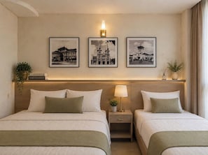 A hotel room with two beds, a nightstand with a lamp, a wall-mounted light, and three framed pictures of buildings. - Hikari Stay - Bui Vien CBD (Ho Chi Minh City)