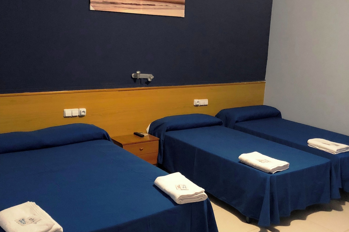 A hotel room with two single beds, each with a blue bedspread and a white towel. There is a wooden headboard, a wall-mounted light switch, and a painting above the beds.