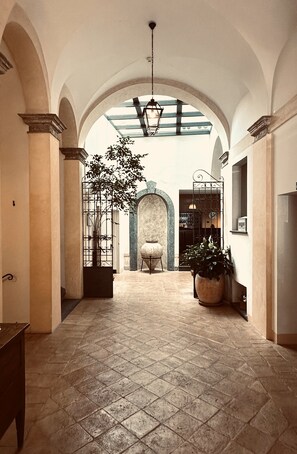 A spacious hallway with arched ceilings, a large potted plant, and a chair in the center. - Palazzo Piccolomini (Orvieto)