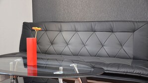 Ein modernes Wohnzimmer mit einer schwarzen Ledersofa, einem Glastisch und einer roten Vase mit einer Blume.