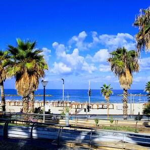 Eine Strandpromenade mit Palmen, Sonnenschirmen und freiem Blick auf das Meer.