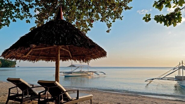 A beach with lounge chairs and a thatched umbrella. - Easy Diving and Beach Resort (Sipalay)