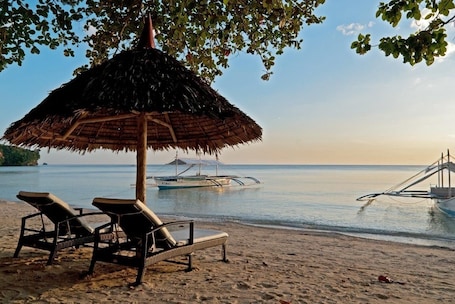 Na praia, barracas de praia de cortesia, espreguiçadeiras, guarda-sóis . Easy Diving and Beach Resort