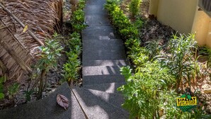 A narrow pathway flanked by lush greenery and a thatched structure, leading to a building with a balcony. - Easy Diving and Beach Resort (Sipalay)