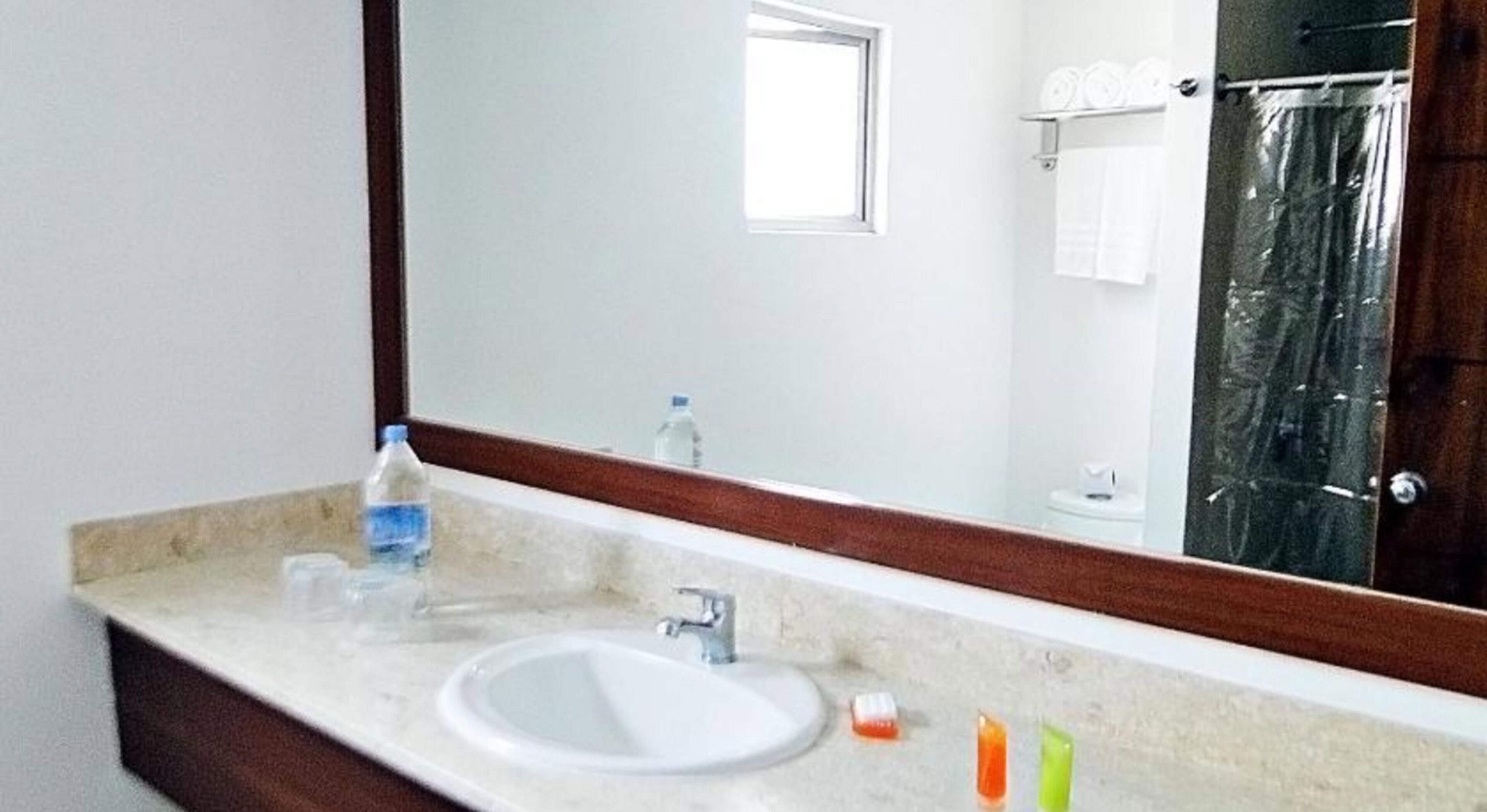 A bathroom with a sink, mirror, and a shower visible in the reflection.