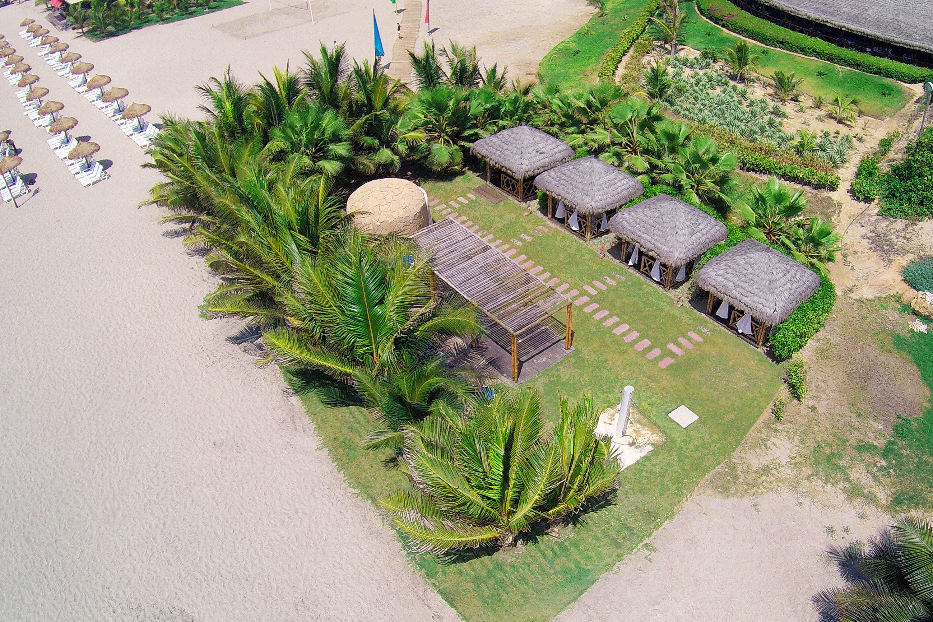 An aerial view of a resort with a beach area, palm trees, and thatched-roof structures.