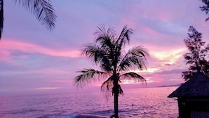 A beach scene with a palm tree, a hut, and a sunset over the ocean. - Thai Hoa Resort (Mui Ne)