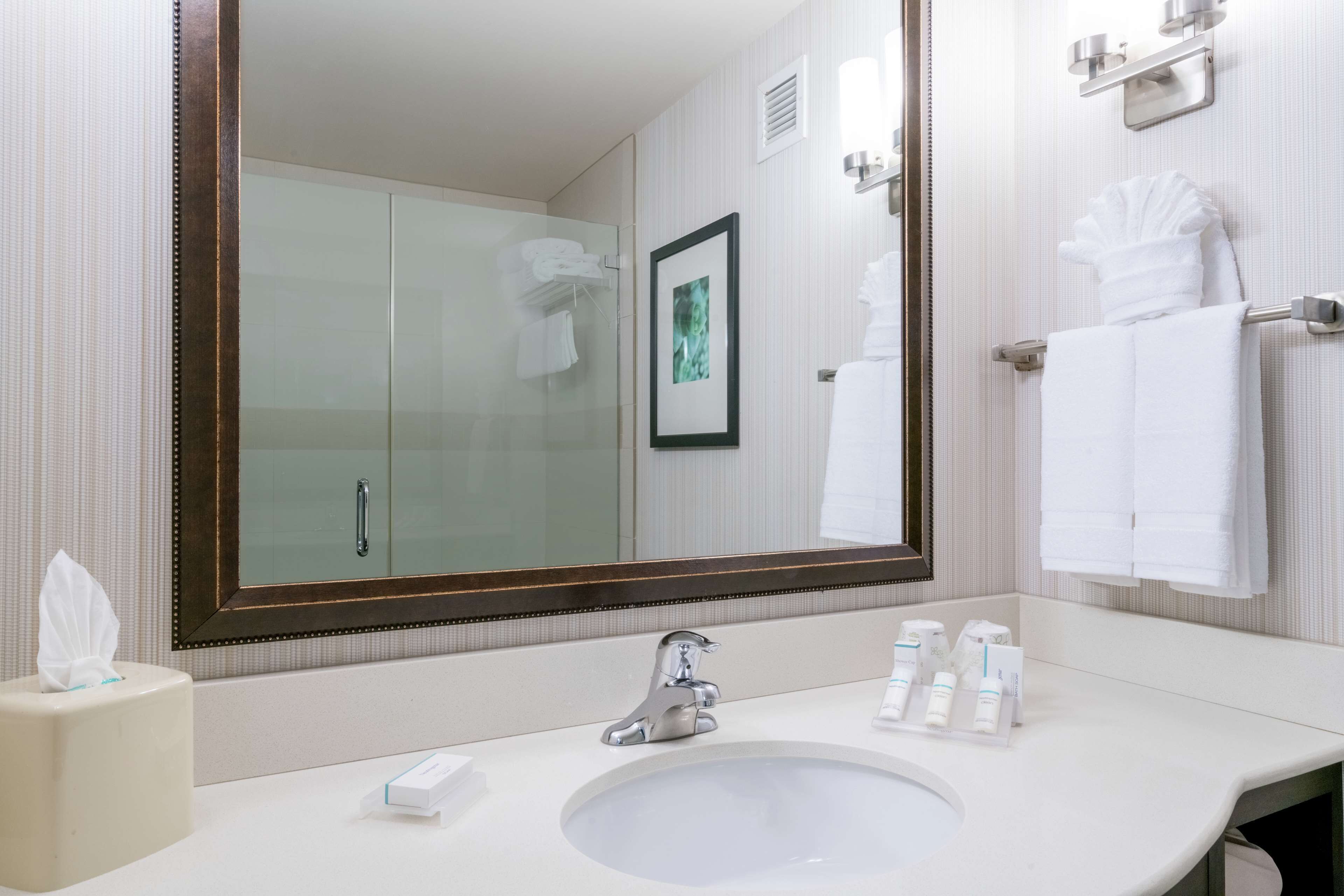 Un baño de hotel con un espejo grande, un lavabo con artículos de aseo y una cabina de ducha de vidrio.