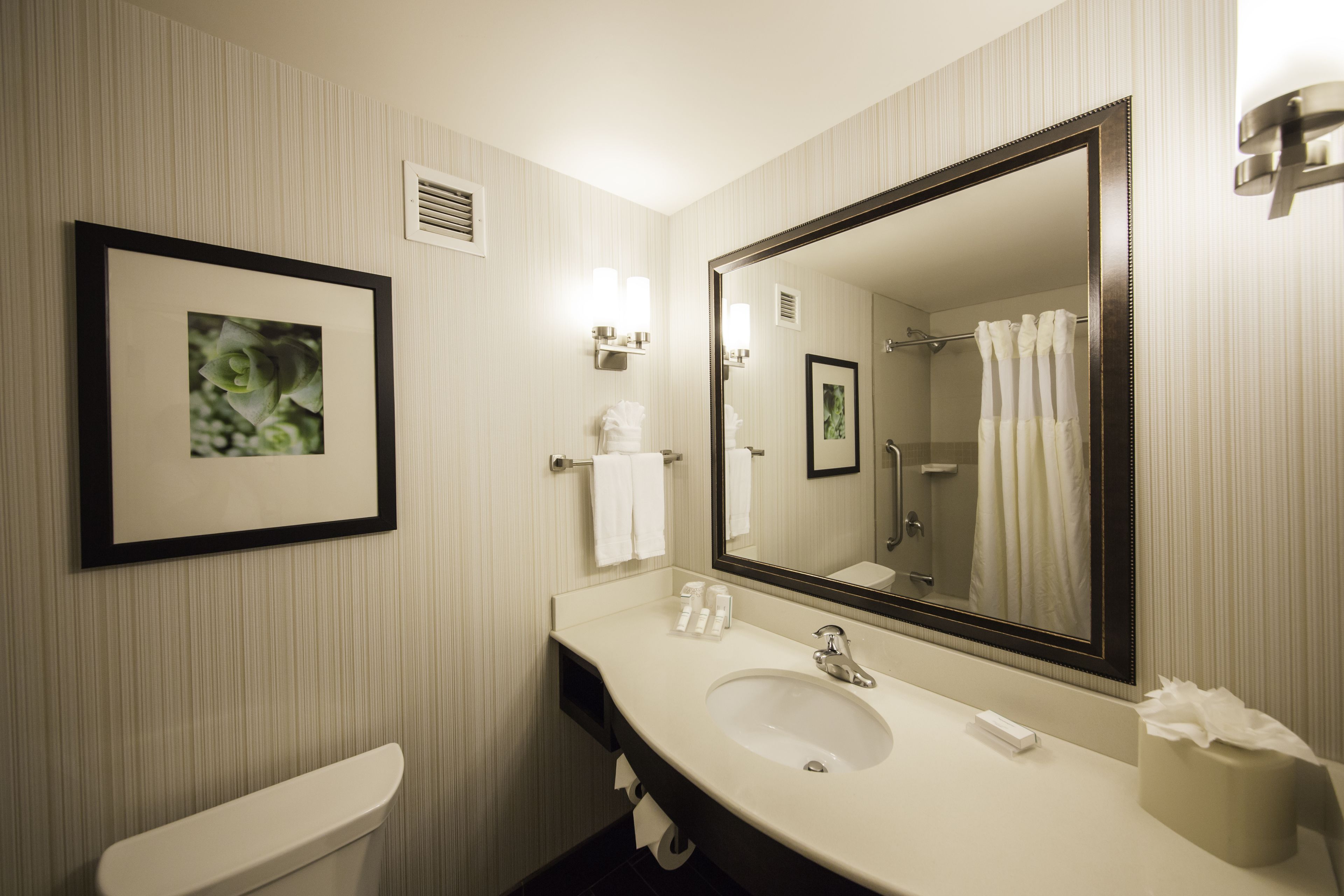 hydromassage showerhead, designer toiletries, hair dryer, towels