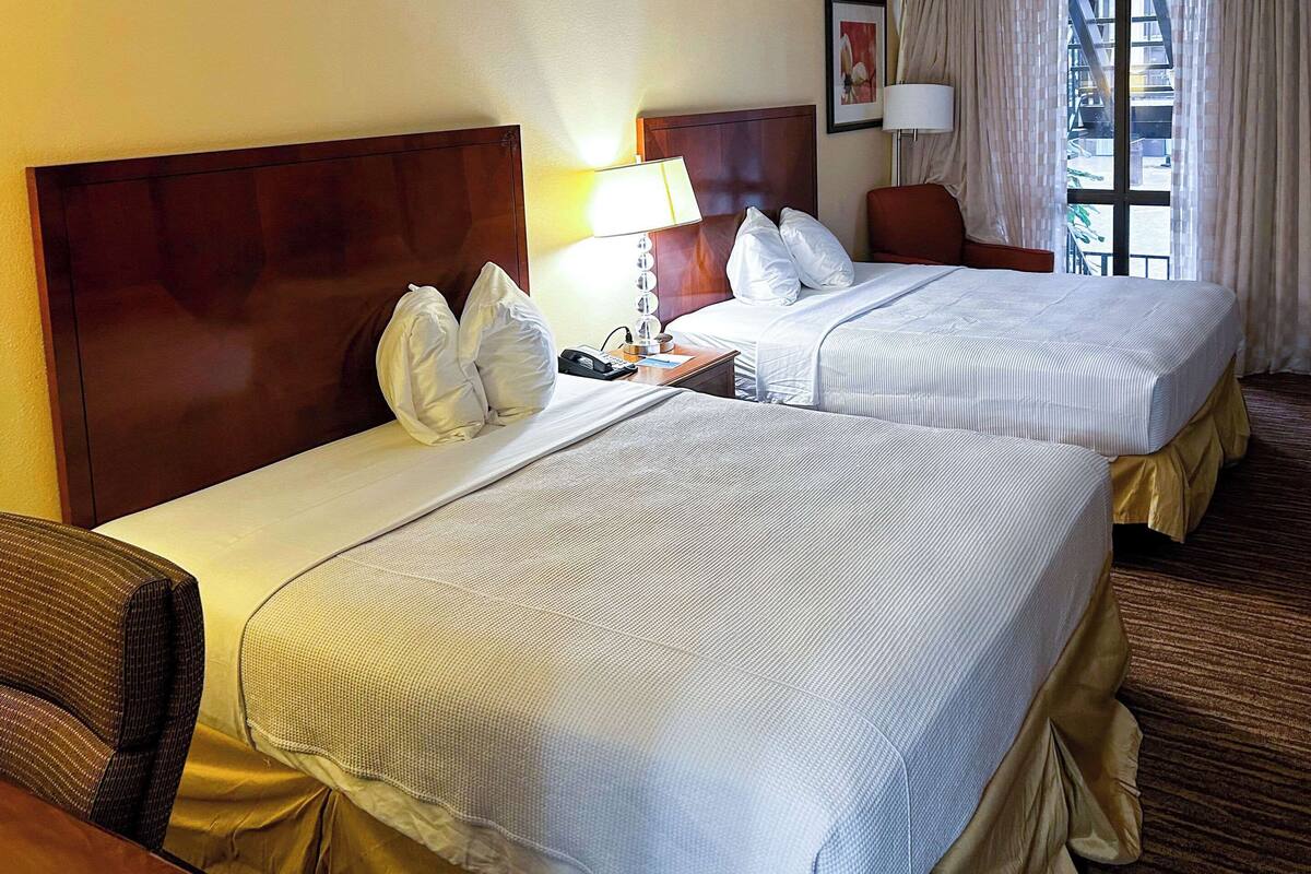 Een hotelkamer met twee bedden, een nachtkastje met een lamp, en uitzicht op de omgeving door een raam.