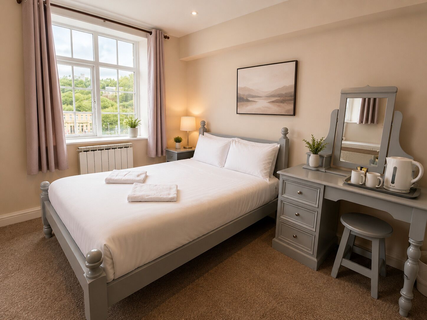 Desk, blackout curtains, iron/ironing board, bed sheets