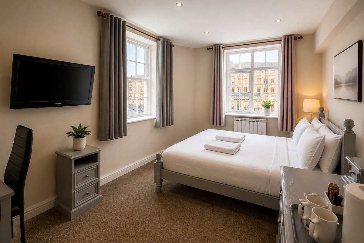 Ein Hotelzimmer mit Bett, Fernseher, Schreibtisch und einem fensterbepflanzten Fenster.
