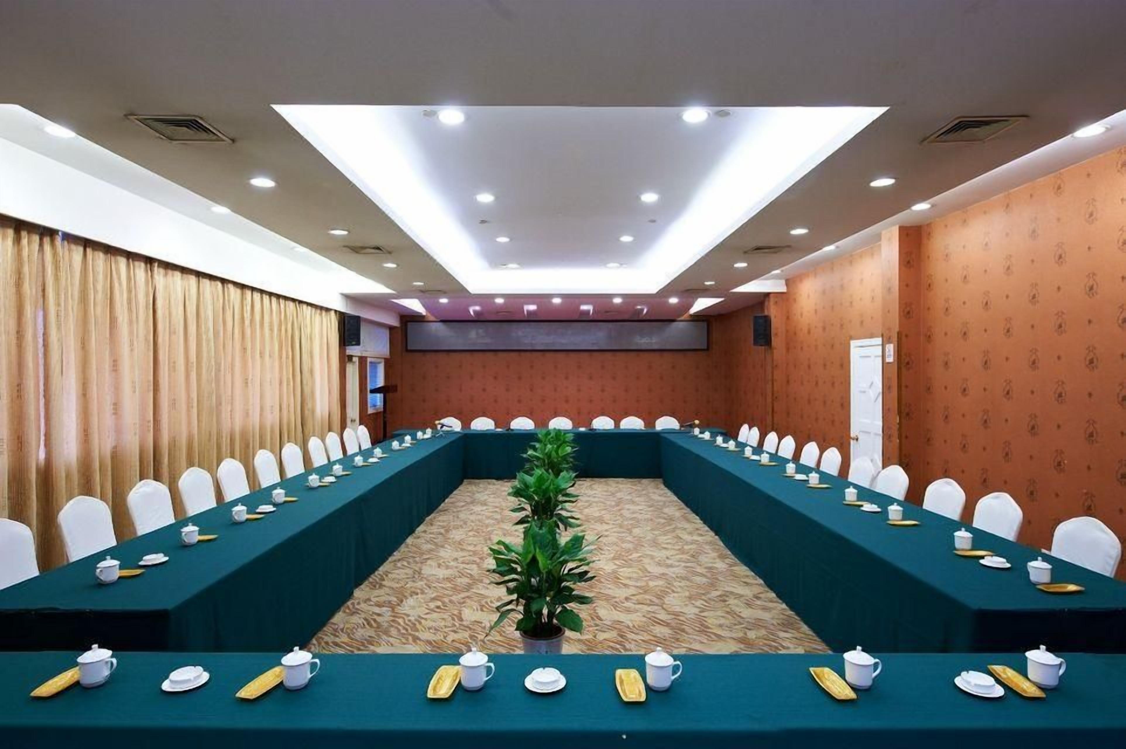 A conference room with a long table, chairs, and a potted plant.