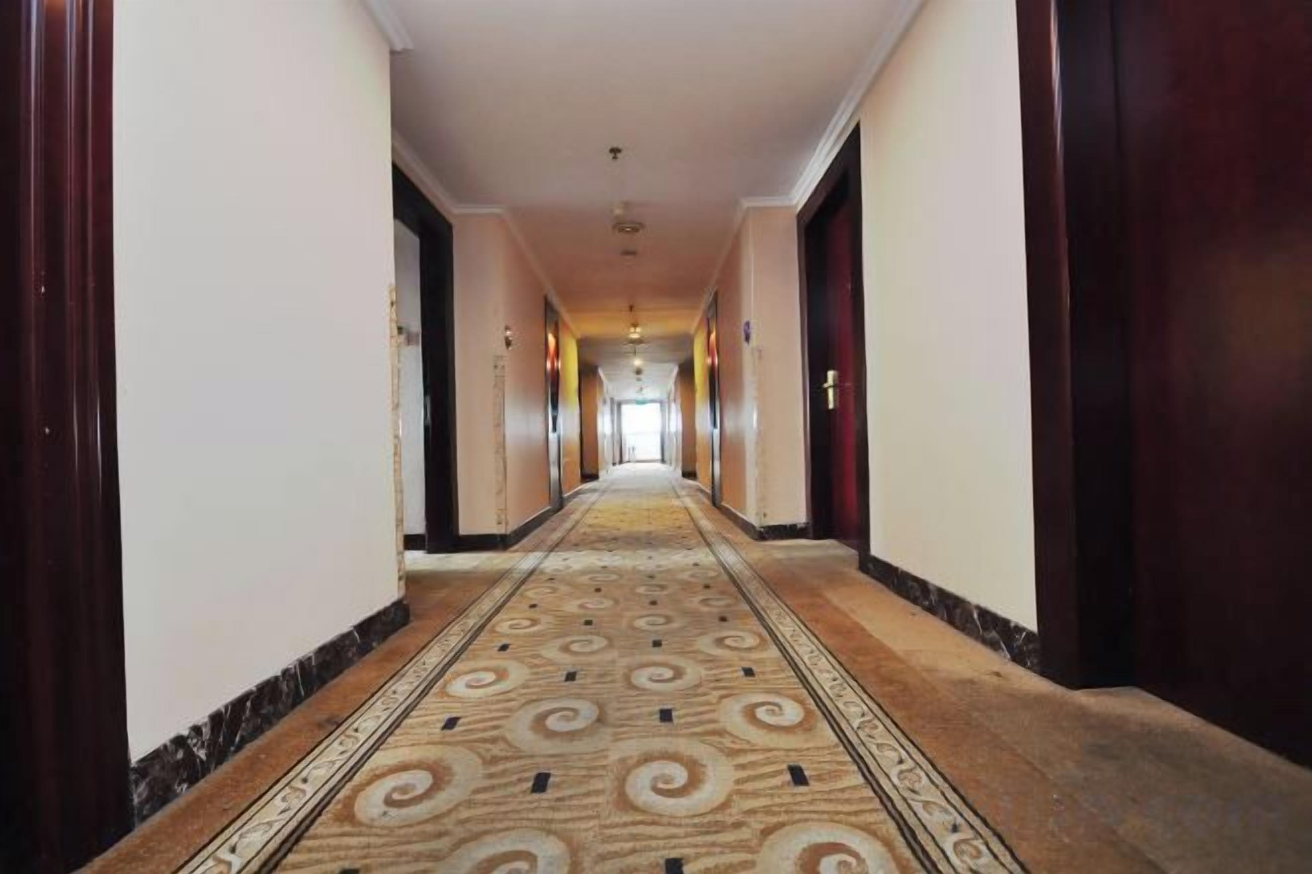 A long, narrow hallway with a patterned carpet and wooden doors on either side.
