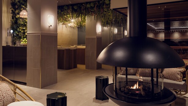 Un intérieur moderne agrémenté d’une cheminée, d’un coin salon et d’un mur décoré de plantes.