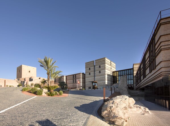 Un patio con una palmera, un sendero de piedra y edificios de arquitectura mixta, moderna y tradicional.