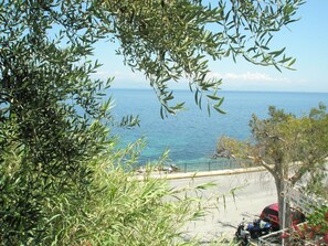 Vista costera con cielo despejado, una masa de agua y una zona de playa con valla y vehículos estacionados.