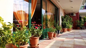 L’entrée d’un hôtel, agrémentée de plantes en pot et dotée d’un sol carrelé.