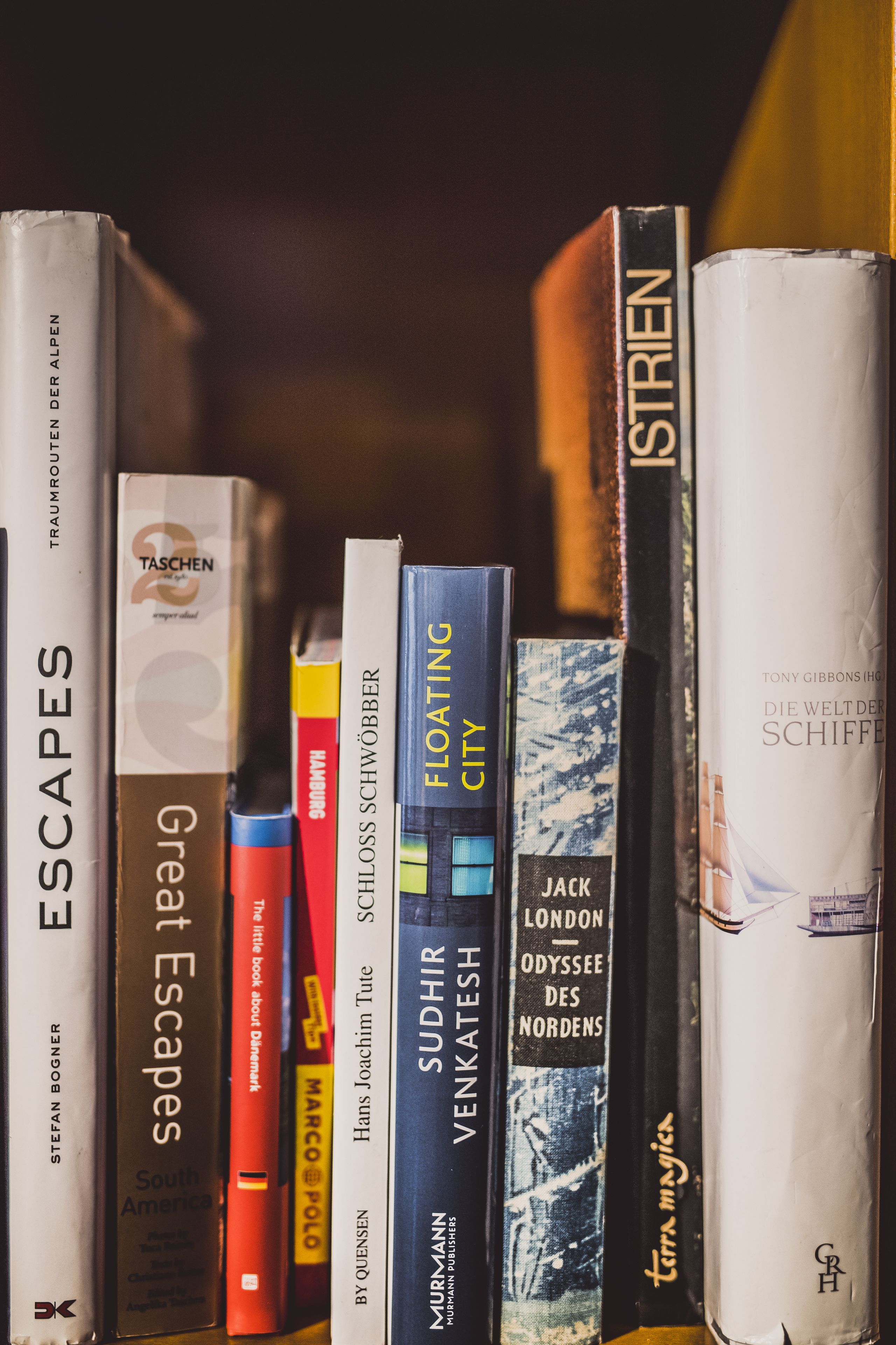 A bookshelf with various books, including titles like "Escapes" and "Floating City".