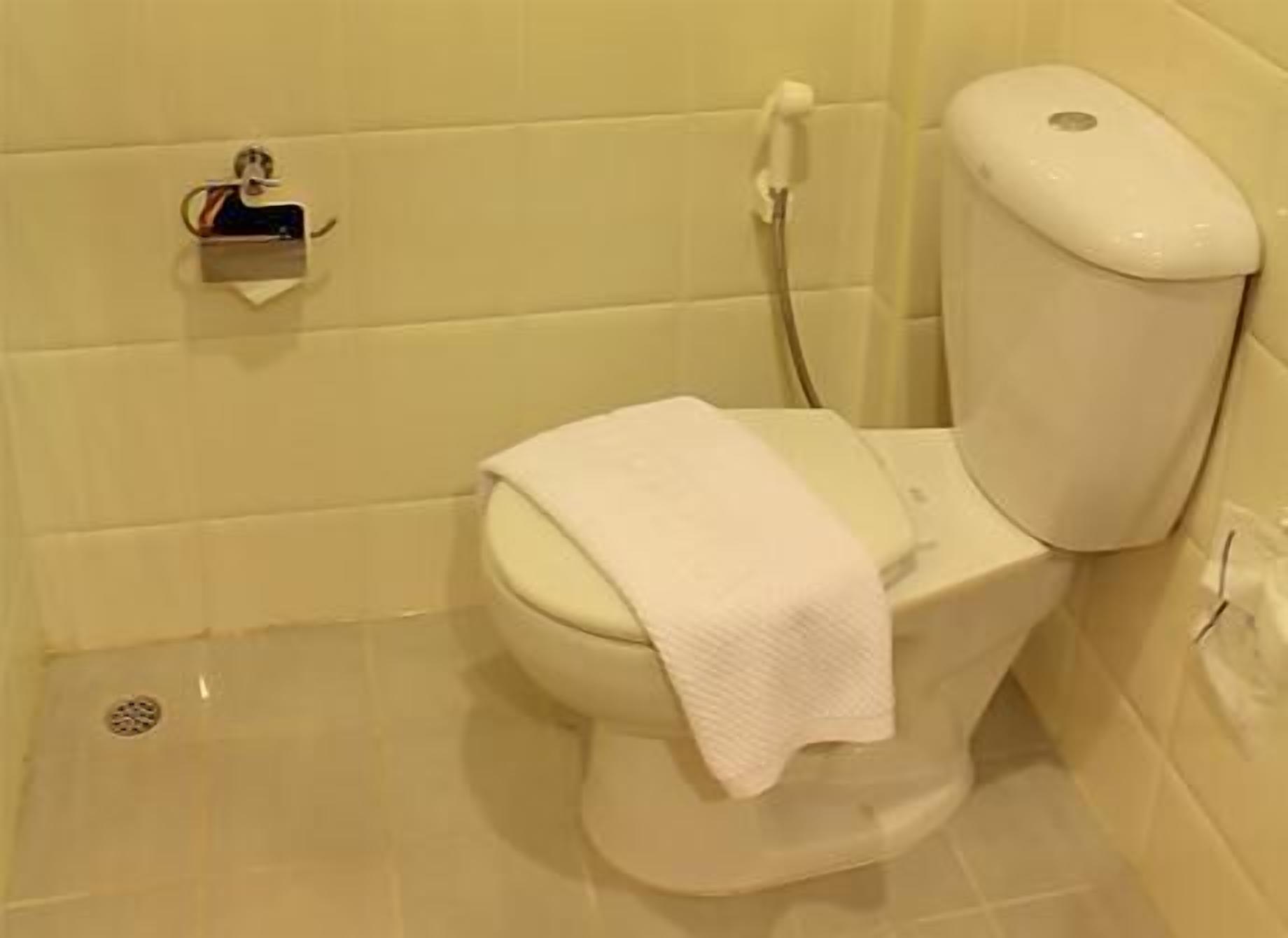 Des toilettes avec une serviette blanche posée sur la lunette, une poignée de chasse d’eau et un porte-papier toilette fixé au mur.
