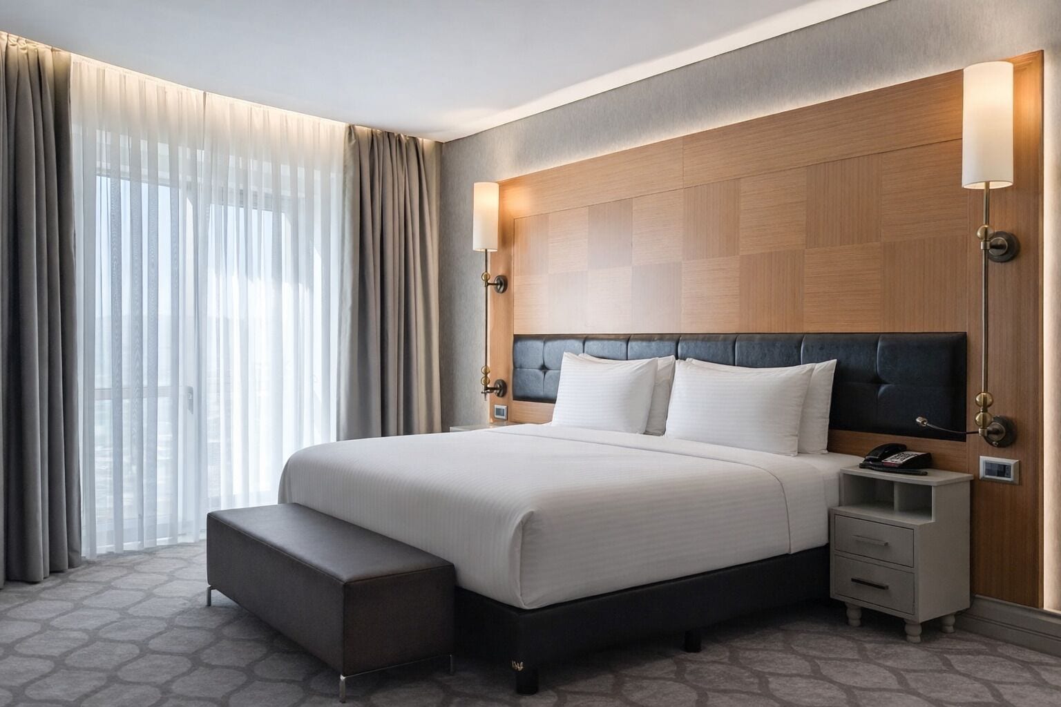 A modern hotel room with a large bed, a bedside table, a nightstand, and a window with curtains.