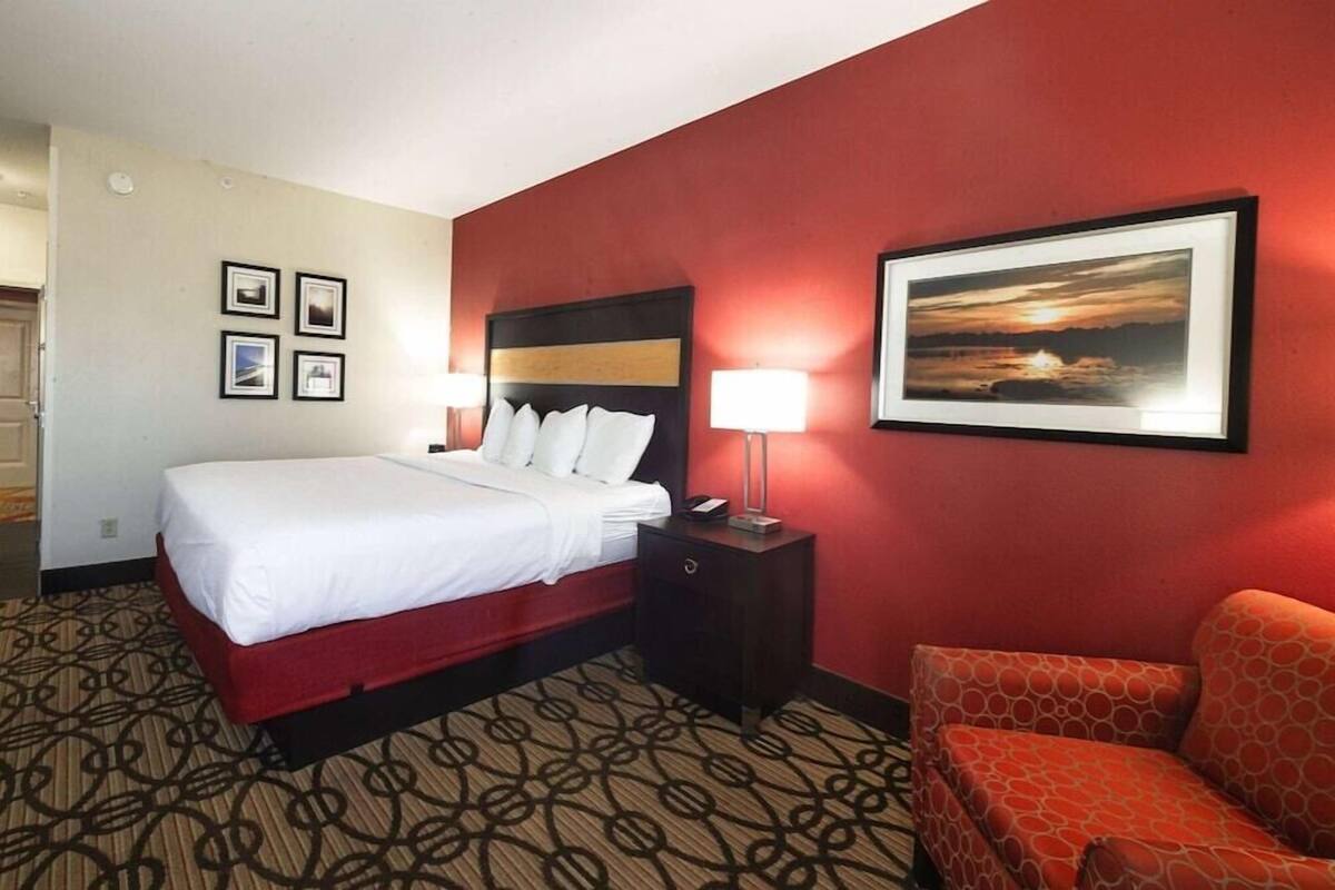 A hotel room with a bed, a nightstand with a lamp, a red wall, and a framed picture.