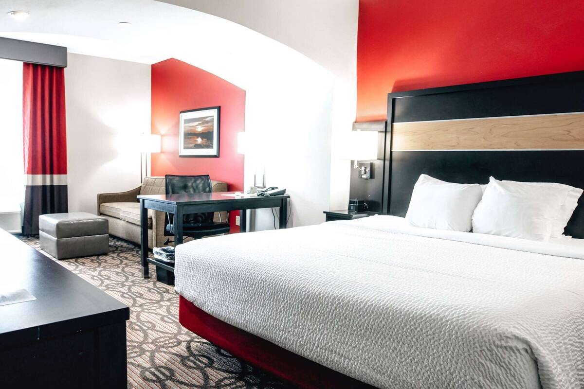 A hotel room with a large bed, a desk, a chair, and a sofa.