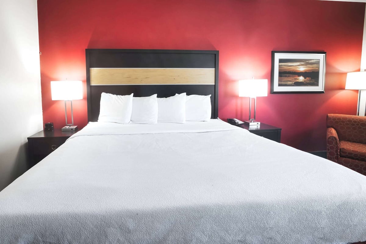 A hotel room with a large bed, two bedside tables with lamps, a framed picture on the wall, and a red accent wall.