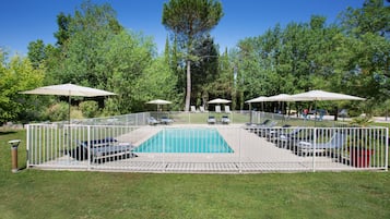 Seasonal outdoor pool, open 8:00 AM to 8:00 PM, pool umbrellas
