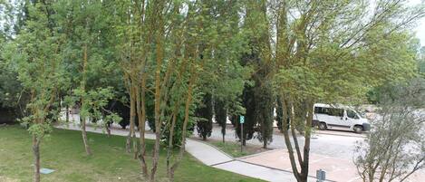 A park with trees, a paved path, and a white vehicle parked on the side.