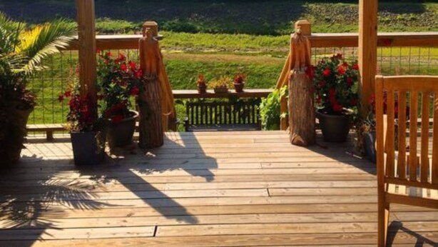 A wooden deck with a railing, potted plants, and a view of a green landscape.