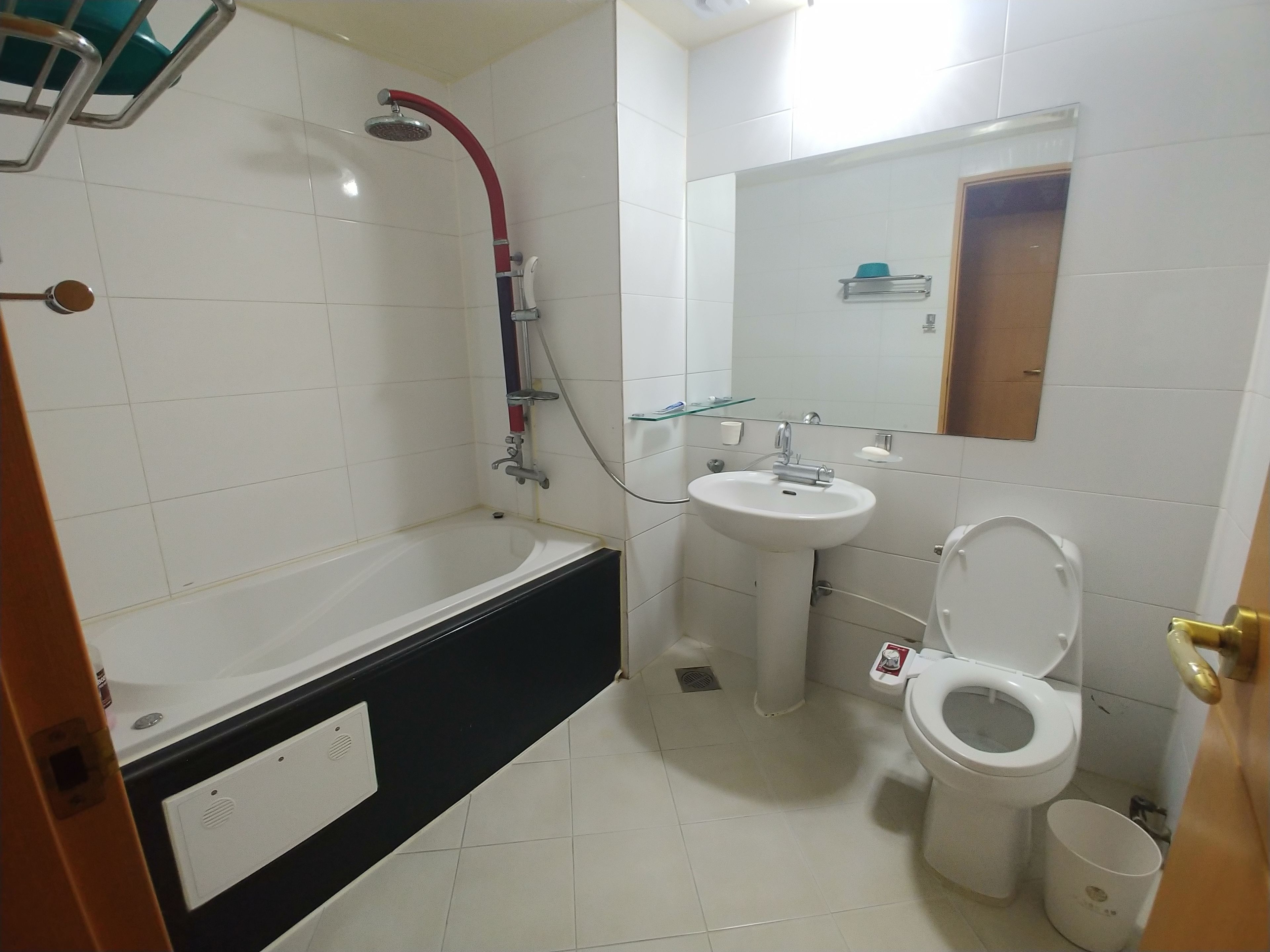 Une salle de bain avec une baignoire, un lavabo, des toilettes et une douche.