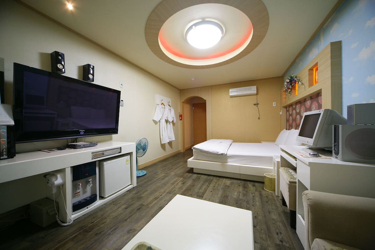 Habitación de hotel con televisión, escritorio con computadora, cama, kitchenette pequeña y luz en el techo.