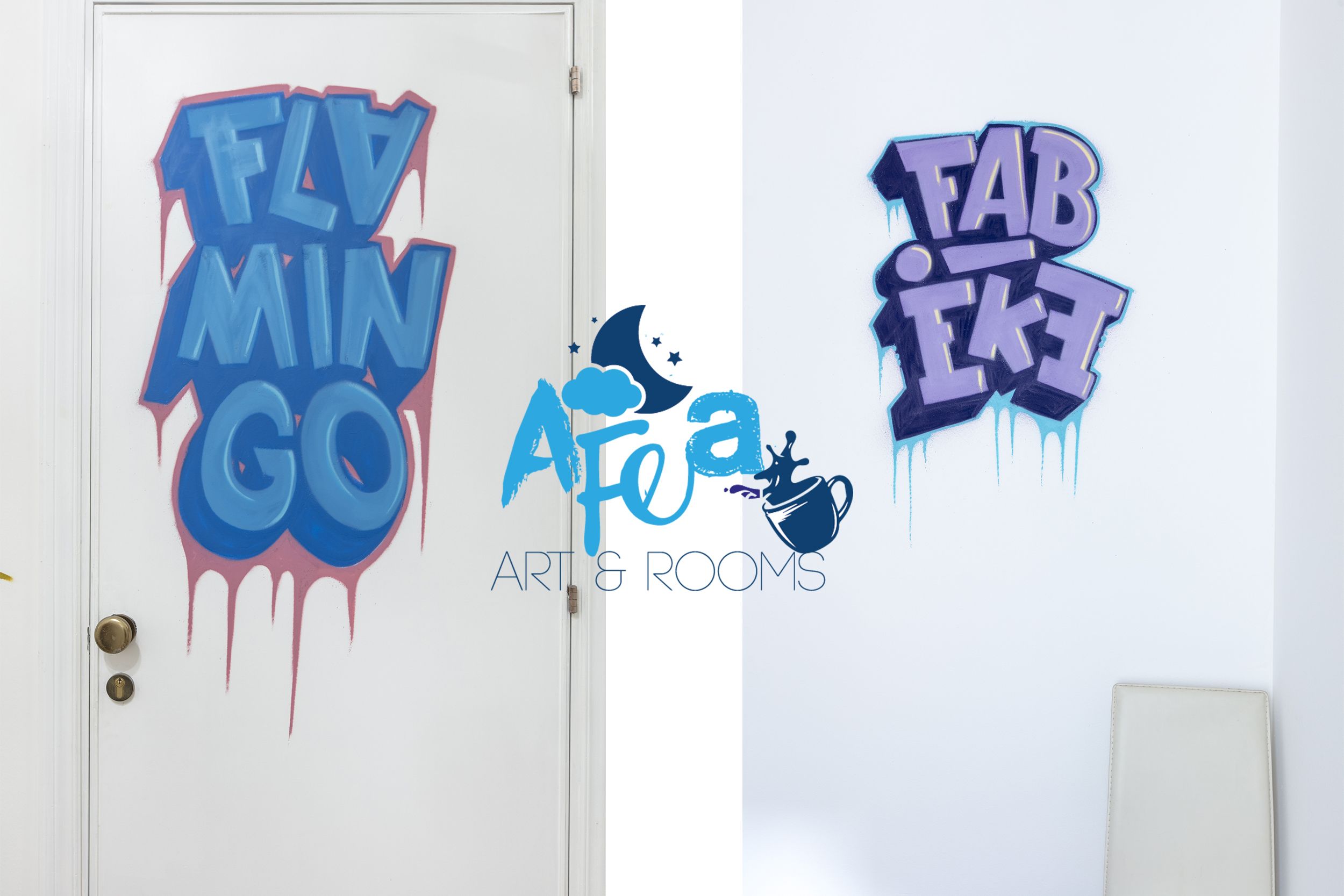 Una puerta con grafitis que dicen 'FLY MIN GO' y 'FAB EKI', y el texto 'ART & ROOMS'.