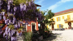A courtyard with a yellow building, a red building, and purple wisteria vines. There are potted plants and outdoor furniture. - Agriturismo La Mussia (Castelnuovo Calcea)