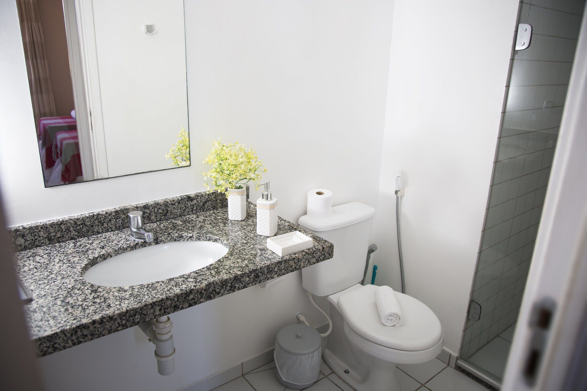 A bathroom with a granite countertop sink, a toilet, and a shower area.