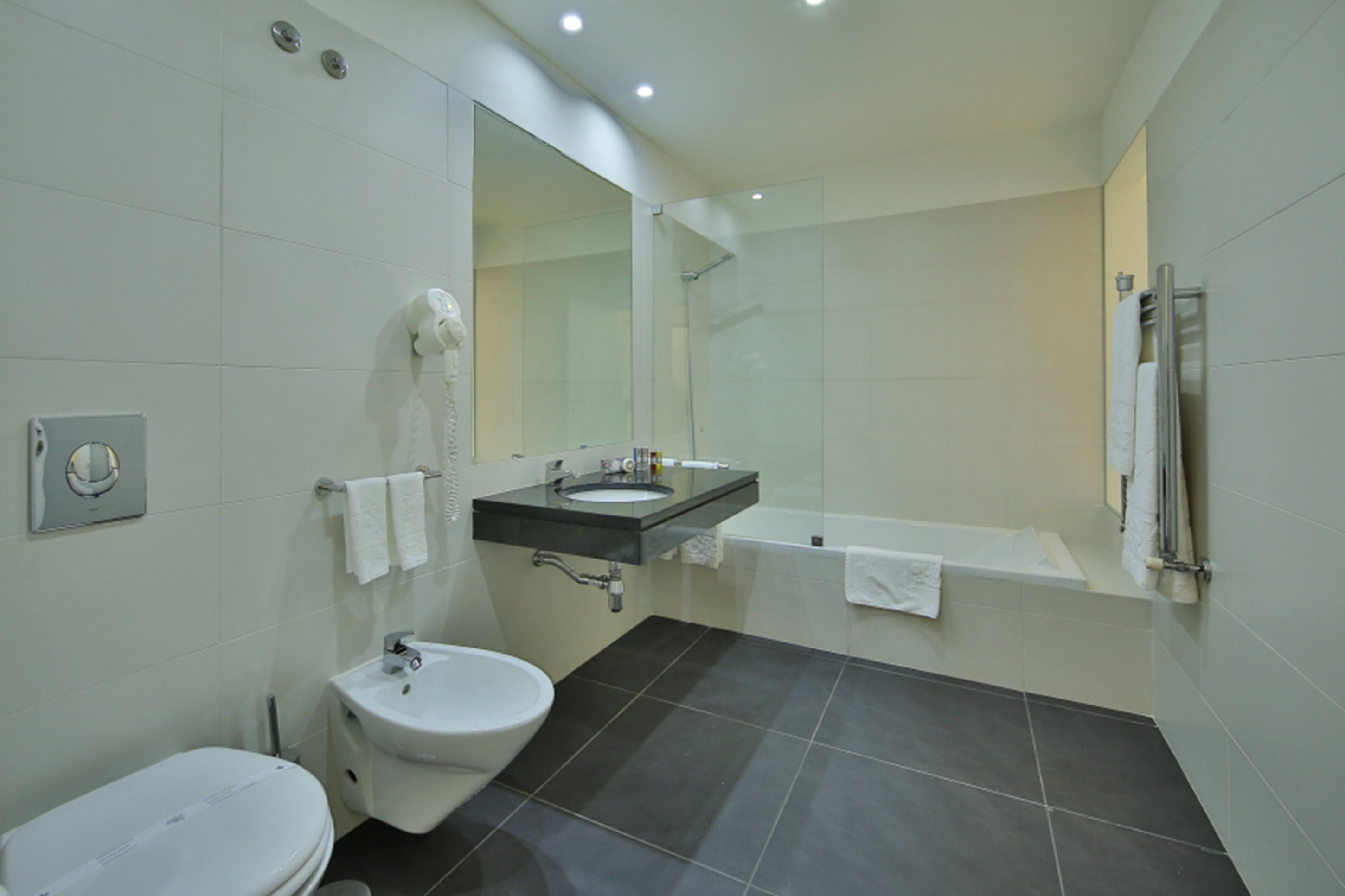 hair dryer, bathrobes, bidet, towels