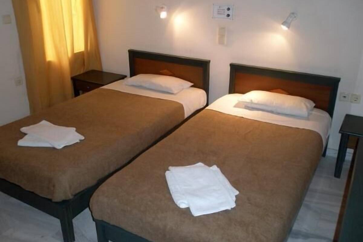 Two single beds with brown bedding and white pillows, a small bedside table, and a wall-mounted light fixture.