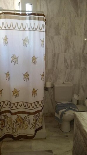 A bathroom with a shower curtain featuring animal prints, a toilet, and a towel rack. - Mythos Beach Hotel (Platanias)