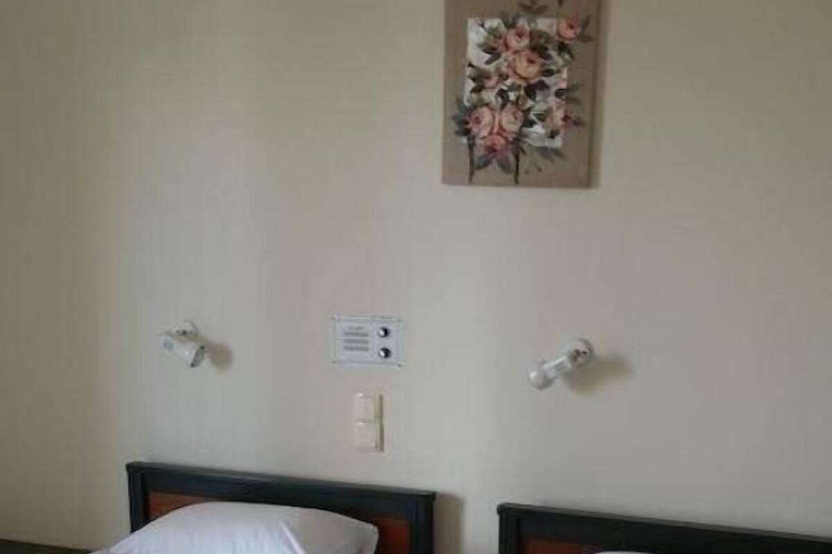 Two single beds with white linens, a wall-mounted light fixture, a power outlet, and a floral artwork on the wall.