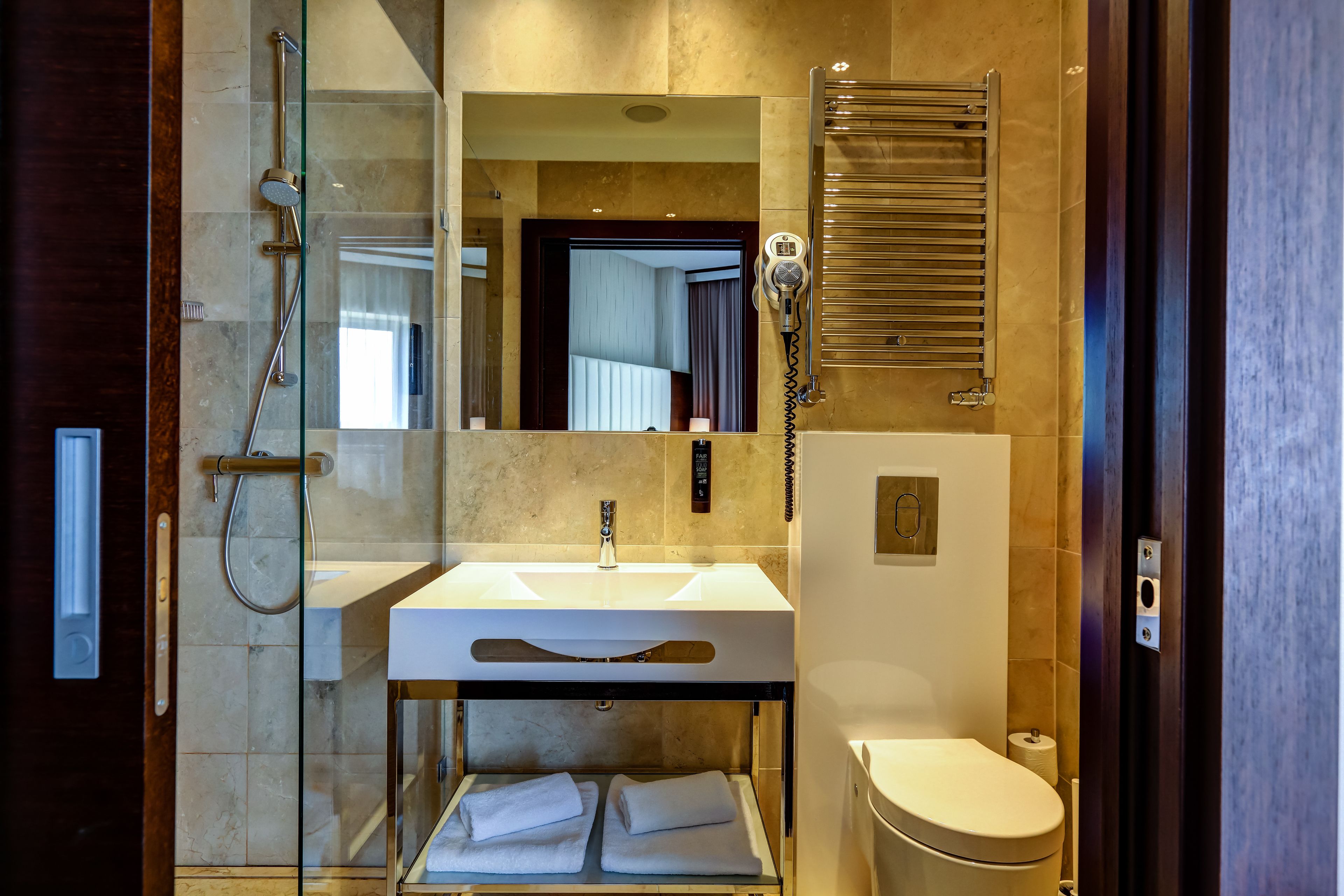 free toiletries, hair dryer, bathrobes, towels