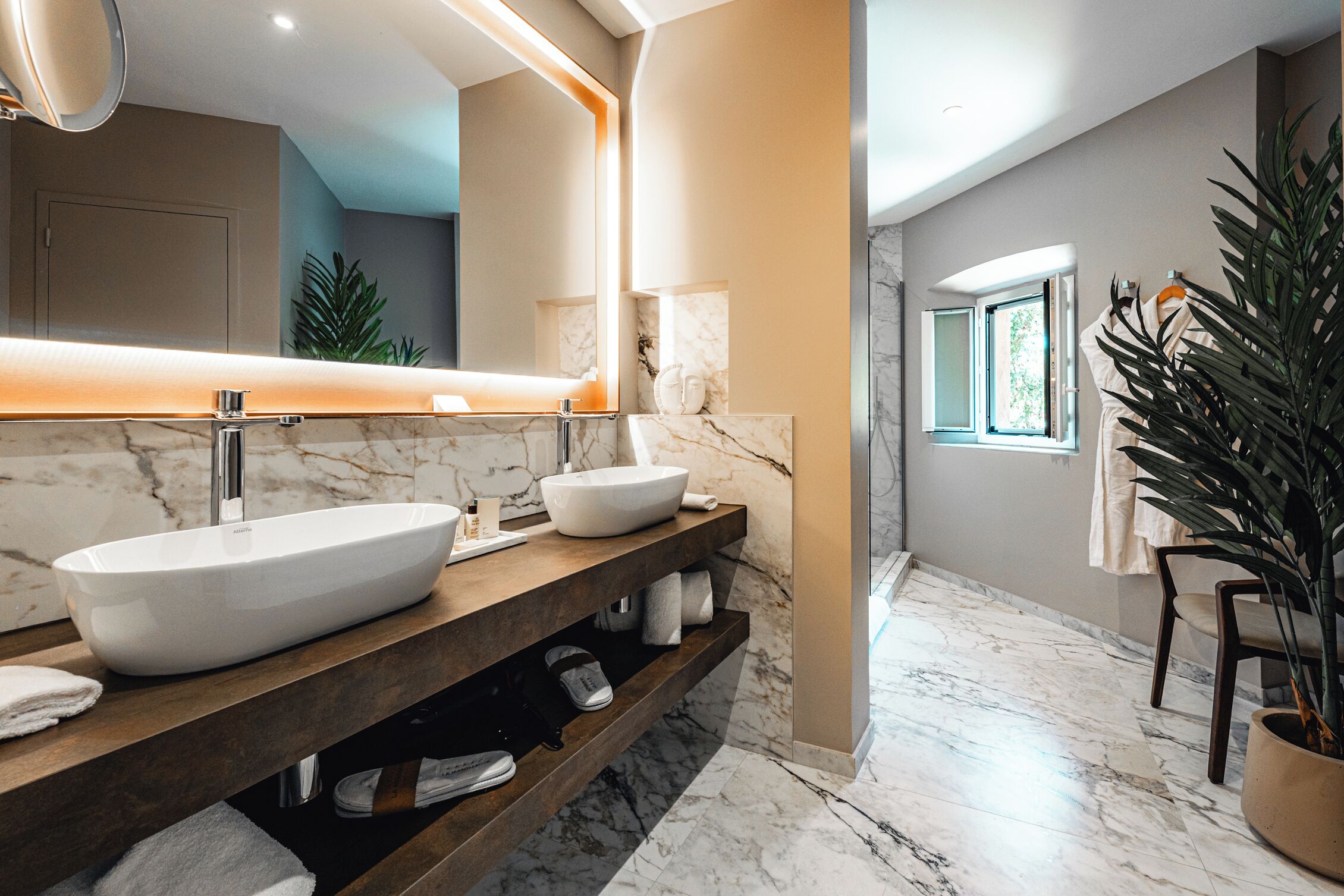 double room (superior) | bathroom | rainfall showerhead, bathrobes, slippers, towels