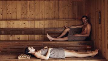 A sauna with wooden benches and benches.