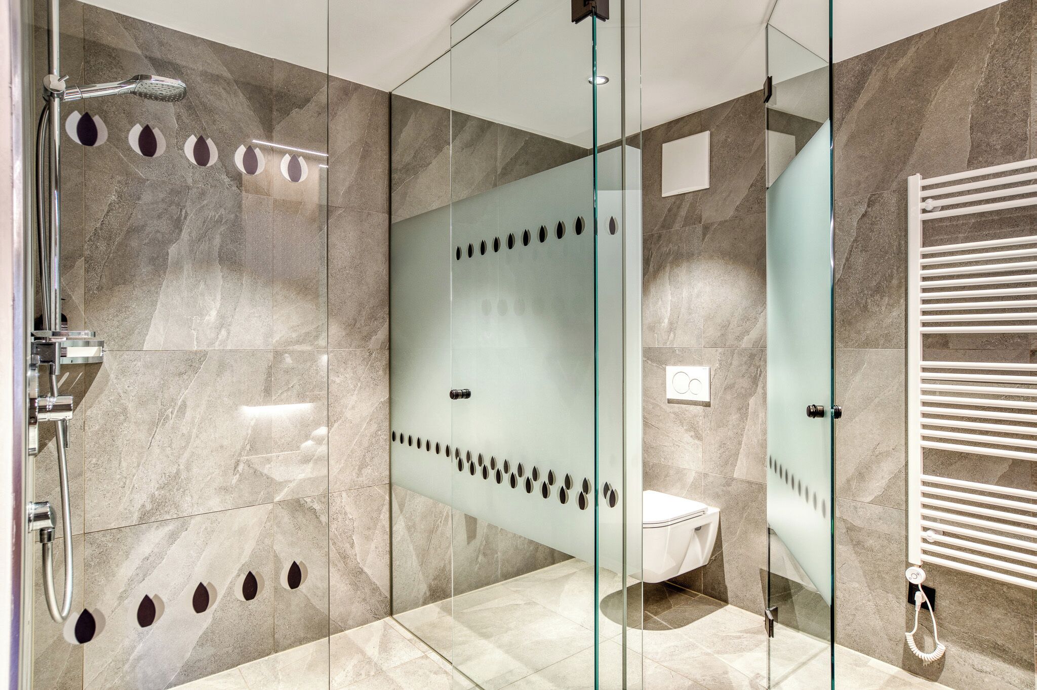 A modern bathroom with a glass shower enclosure, a toilet, and a towel rack.